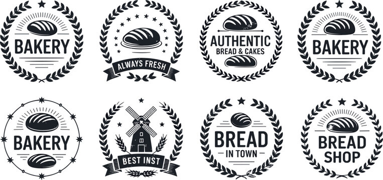 Collection of vintage bakery logo templates featuring bread silhouettes, wheat, and classic badges for authentic bread shops