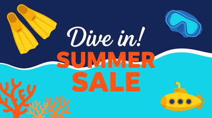Summer sale advertisement with flippers, goggles, and submarine near coral reef underwater © Fendi