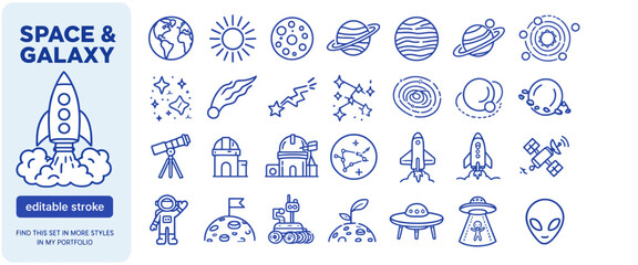 Space Galaxy Editable Stroke Icons Set © Thamseer