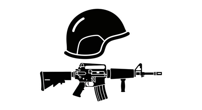 Minimalist silhouette icon featuring a tactical combat helmet and an assault rifle.