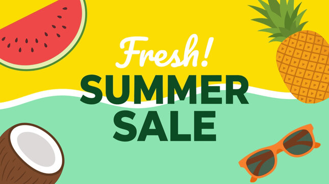 Vibrant summer sale advertisement with fresh fruits and sunglasses on colorful background