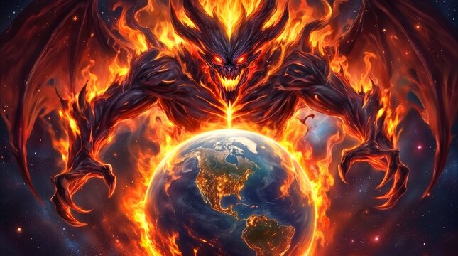 Demonic entity looming over planet Earth in outer space. Fiery monster clutching the globe amidst flames and stars in an apocalyptic scene.