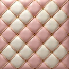 Fototapeta premium Soft pink and white tufted upholstery features gold studs and decorative trim. Luxurious quilted fabric creates elegant diamond pattern. Detailed texture.
