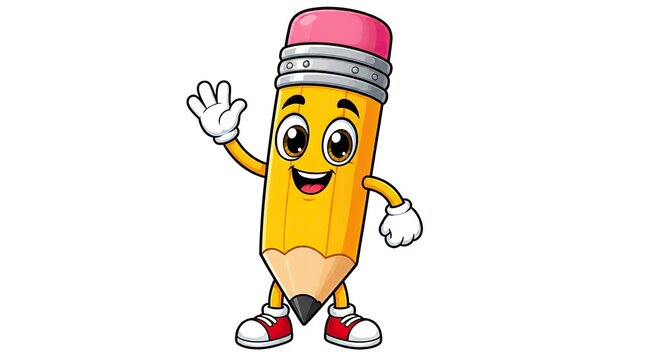 Friendly cartoon yellow pencil character waving hello.