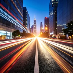 Fototapeta premium A city street at dusk with light trails on the road