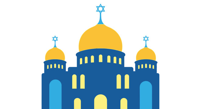Stylized Illustration of a Jewish Synagogue with Golden Domes and Star of David Symbols.