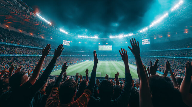 Wide shot of a crowd's raised hands clapping during a match, stadium lights glowing above, faceless framing,