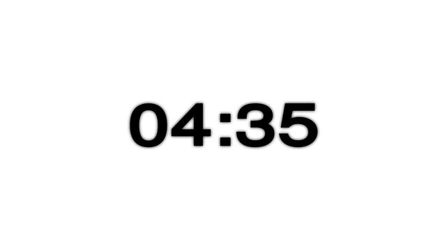 5 minute countdown animation from 300 seconds to 0 seconds on a transparent background, five minute countdown timer with alpha channel.