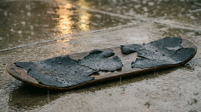Damaged skateboard with torn grip tape resting on wet concrete in heavy rain depicting ruined gear and ended sessions