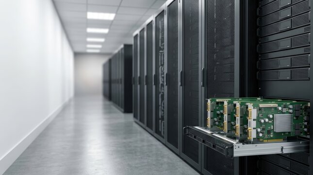 Modern server room with open rack showing unbranded circuit board modules