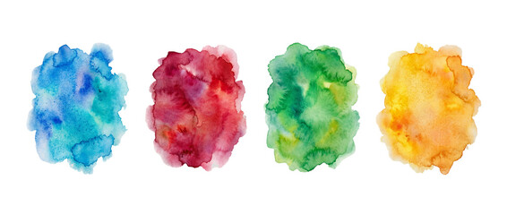 Obraz premium Four watercolor splotches are placed side by side on a clear background. Each splotch shows a different color blend, creating a simple yet vibrant display of colors