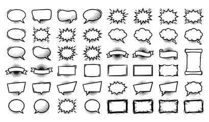 Pop art comic speech bubble vector set with sketch dialogue balloons halftone burst frames and blank conversation templates isolated on white © Hanif