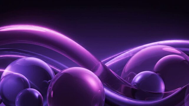 Glossy purple spheres float in a dark gradient. Flowing ribbons create dynamic movement. Soft light highlights each curve's smooth surface. Deep purple background enhances the abstract design.