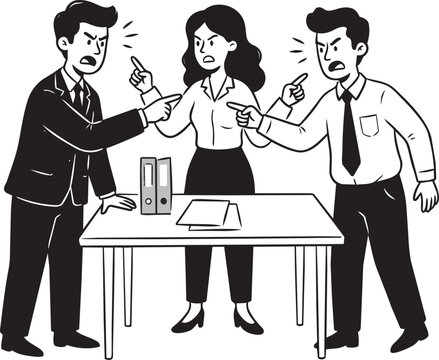 Businesspeople pointing to anther to blame each other, push the responsibility onto their colleagues. business people conflict. Cute vector character illustration, black and white style. Outline