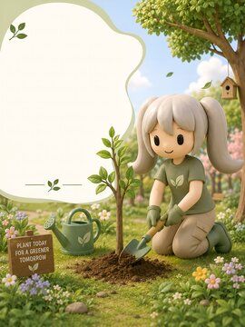 Cute 3D mascot planting a young tree in a spring garden environmental poster