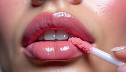 Naklejka premium Macro shot of pink lips being coated with glossy lip color using a wand applicator. Woman applies makeup for smooth, moisturized shine. Beauty, fashion, and self care.