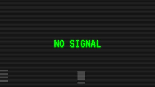 Television screen, displaying NO SIGNAL message, glitchy distorted background, static noise, symbolizing loss of connection, technology failure.