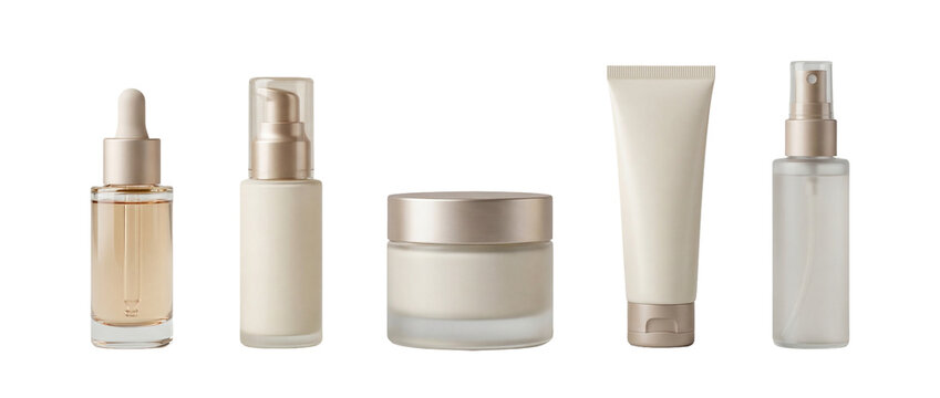 Five skincare products are placed in a row on a clear background. Each product has a different shape and size. They include a dropper bottle, pump bottle, cream jar, tube, and spray bottle