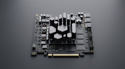 Fototapeta premium High - end unmarked computing board with geometric heatsinks on dark surface