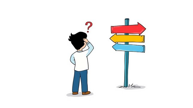 Simple colorful whiteboard explainer illustration, clean white background, colorful hand-drawn doodle style, confused person standing in front of multiple colorful signposts pointing in different dire