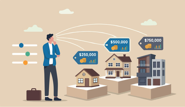House mortgage data analysis affordability calculation, picking new home base on budget,to income or lifestyle concept, businessman hand wisely think to picking different variant houses with price tag