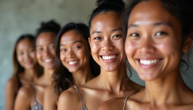 Group of young women smiling together. Diverse friends share happiness, togetherness in natural setting. Positive lifestyle portrait emphasizing community, connection. Beautiful smiles convey warmth,