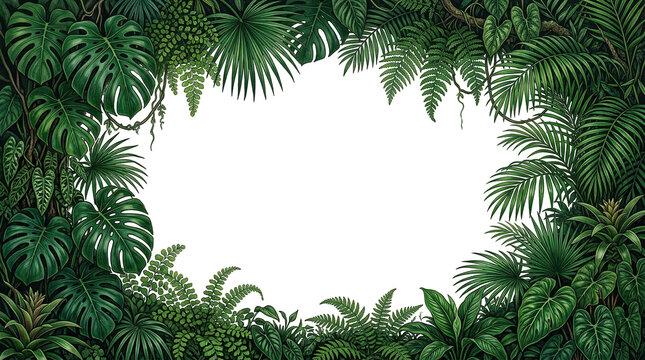 Tropical Jungle Frame Monstera Palm Fern Leaves Isolated Transparent Background PNG Foliage Rainforest Border Vine Bush Botanical Nature Greenery