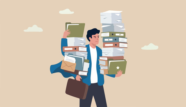 Handle busy work, manage workload complete multitasks within deadline, organize paperwork documents, effective or productive concept, businessman superhero carry load of paperwork documents