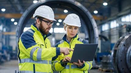 Fototapeta premium Industrial engineers in hard hats collaborating on a project with a laptop in a manufacturing plant