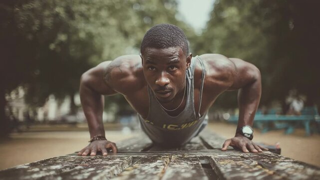 Muscular man doing push-ups outdoors on a wooden surface with intense focus