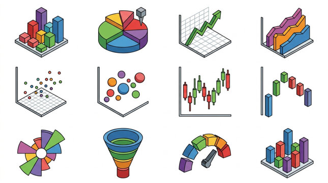 Collection of colorful isometric charts and graphs for data visualization.