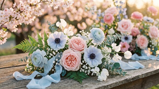 Soft pink and blue floral spring background with delicate paper flowers and gentle sunlight, elegant springtime scene