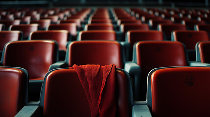 Fototapeta premium Wide shot of empty stadium seats with a single forgotten scarf draped over one seat, quiet mood.