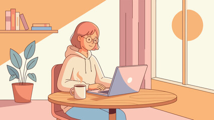Fototapeta premium Woman sits at a table working on laptop with coffee