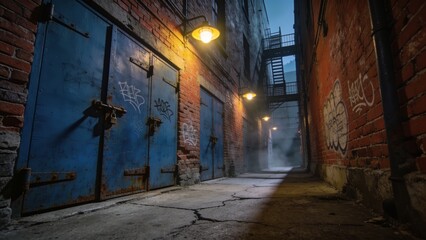Fototapeta premium Industrial-style urban alley featuring aged brick walls and overhead lighting