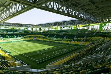 Naklejka premium High angle perspective of a professional football stadium with curved roof construction and empty seats.