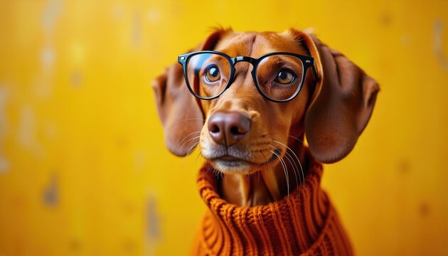 Brown dog wears glasses and orange sweater. Pet looks smart and curious against yellow backdrop. Domestic animal has funny expression. It is indoor photo.
