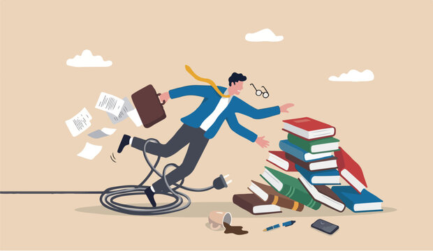 Failure this we can on mistake, accident surprise problem for of that impact business concept,to clumsy businessman stumble big books with power cable electric plug falling on the floor