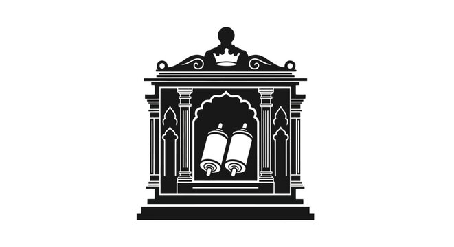Black and white illustration of a Torah scroll inside an ornate ark.