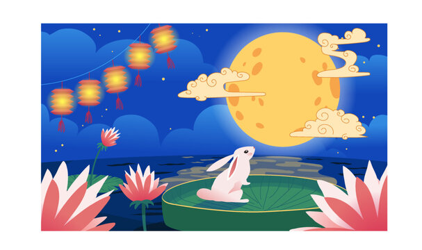 Mid Autumn Festival Illustration with Cute Moon Rabbit on Lily Pad, Big Full Moon, and Hanging Lanterns