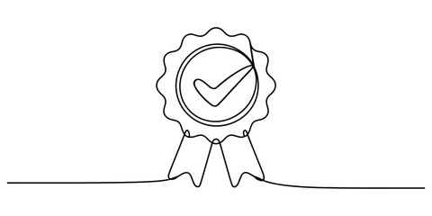 Continuous line drawing of a quality badge with check mark © Purnima
