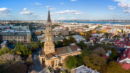 Aerial view of historic Church steeple in downtown Charleston, South Carolina, USA.  November 28, 2023. © JHorsey