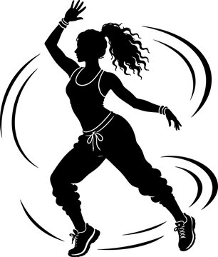 Woman dances energetically with raised arm and flowing hair in casual wear indoors.