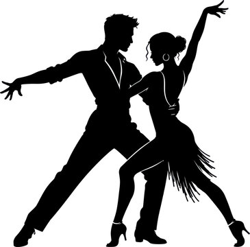 Couple performing energetic dance moves in harmony with elegant dress and shoes