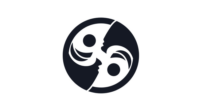 Abstract circular logo design with negative space profiles of two human faces.