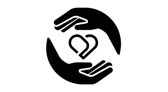 Minimalist graphic icon of human hands cupping a heart shape symbol.
