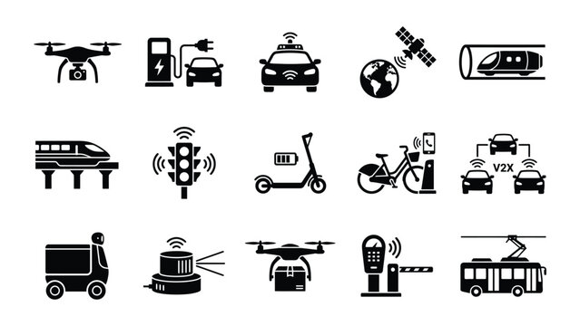 Smart transportation icons including drones cars trains and scooters for modern mobility concepts
