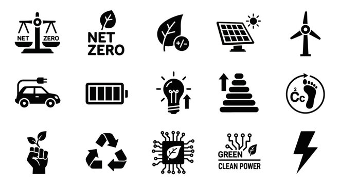 Minimalist net zero icons featuring renewable energy wind turbines solar panels and carbon footprint symbols.