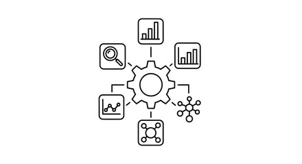 Fototapeta premium Data analysis and processing gear icon with charts and molecular structure