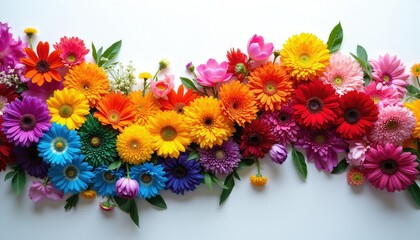 Naklejka premium Colorful Gerbera flowers arranged in a rainbow flag formation. Diverse blooms in vivid shades create a vibrant display. Plenty of copy space for text or design elements on white background.